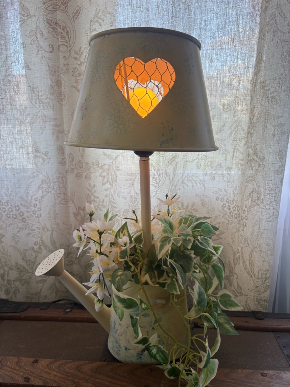 Heart Cutout Watering Can Table Lamp with Greenery